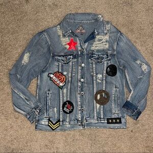 Signature 8 embellished denim jean jacket rose patch, bead peace rips and tears